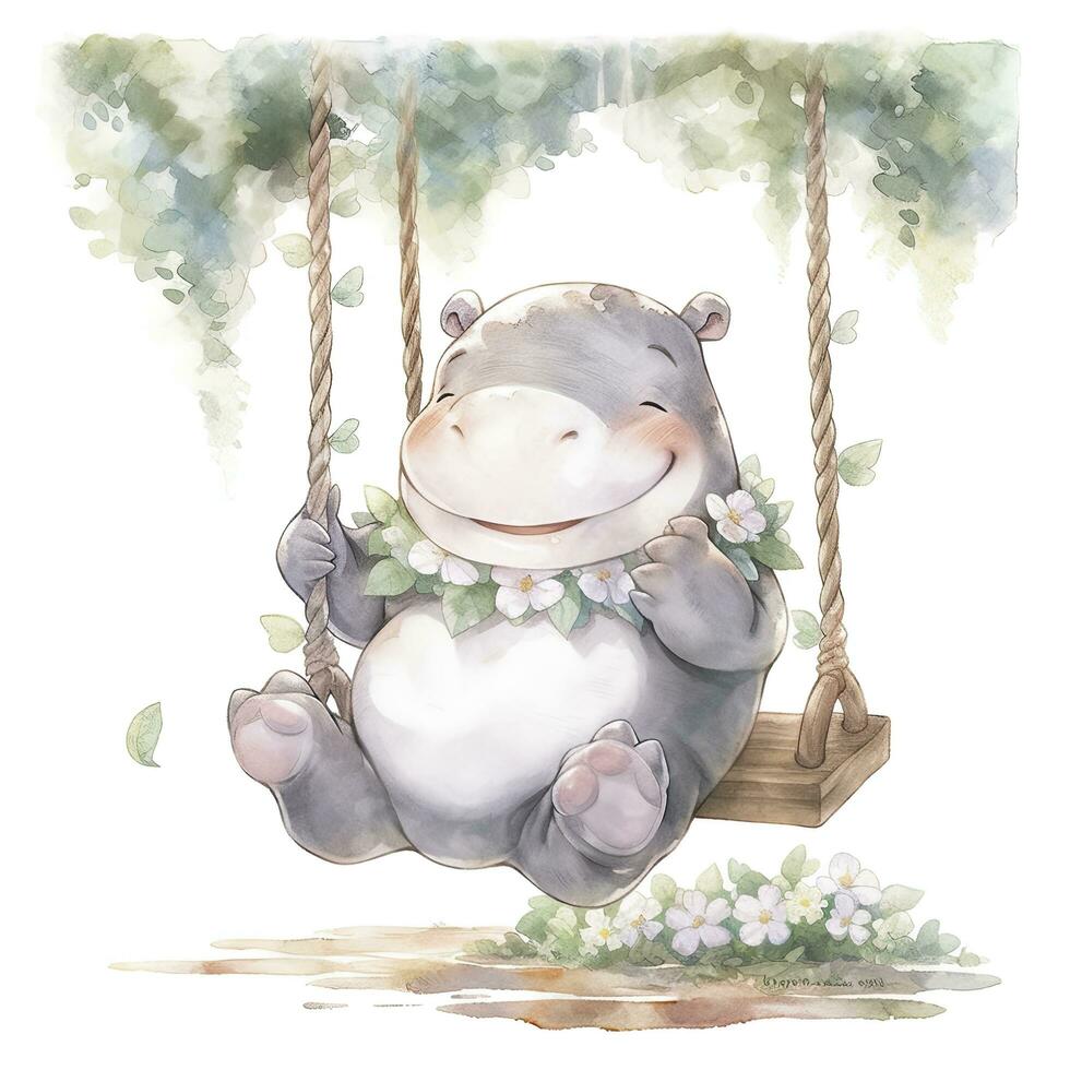 AI generated Cute happy baby rhino on swings in the tree in watercolor style. AI Generated photo