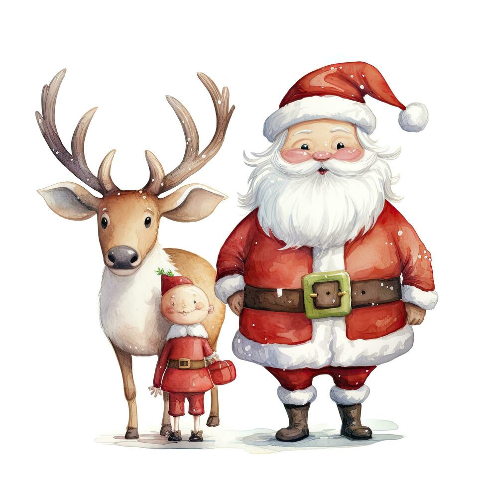 AI generated Cute Santa Claus standing with reindeer. AI Generated photo