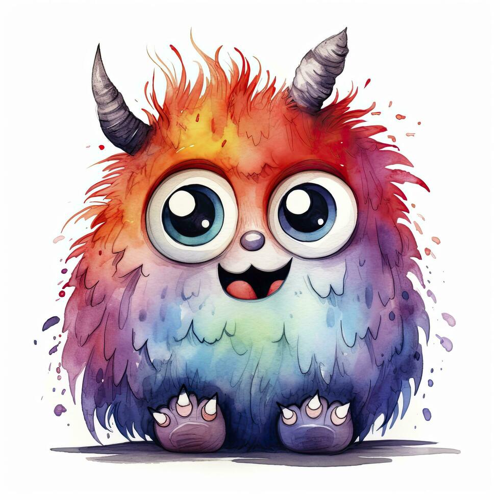 AI generated Watercolor cute monster on white background. AI Generated photo