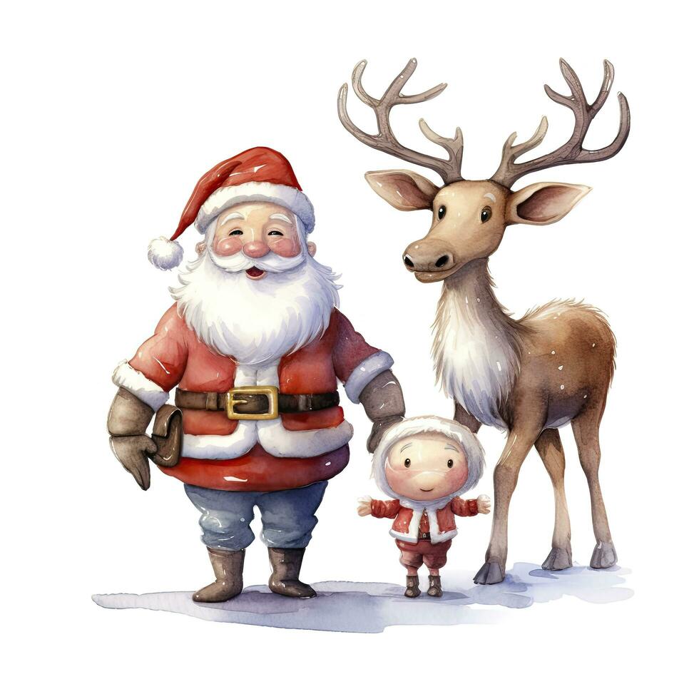 AI generated Cute Santa Claus standing with reindeer. AI Generated photo