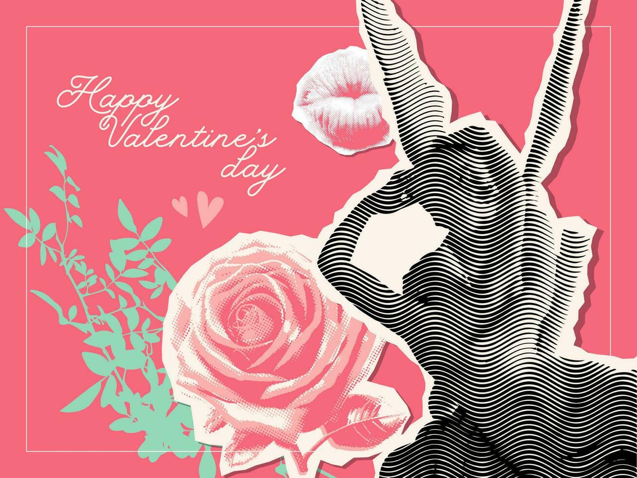 Valentine's day cars template with relationship concept. Halftone antique man - woman sculptures retro grunge wavy halftone vector cutout collage elements with kiss and rose. Paper mixed media collage