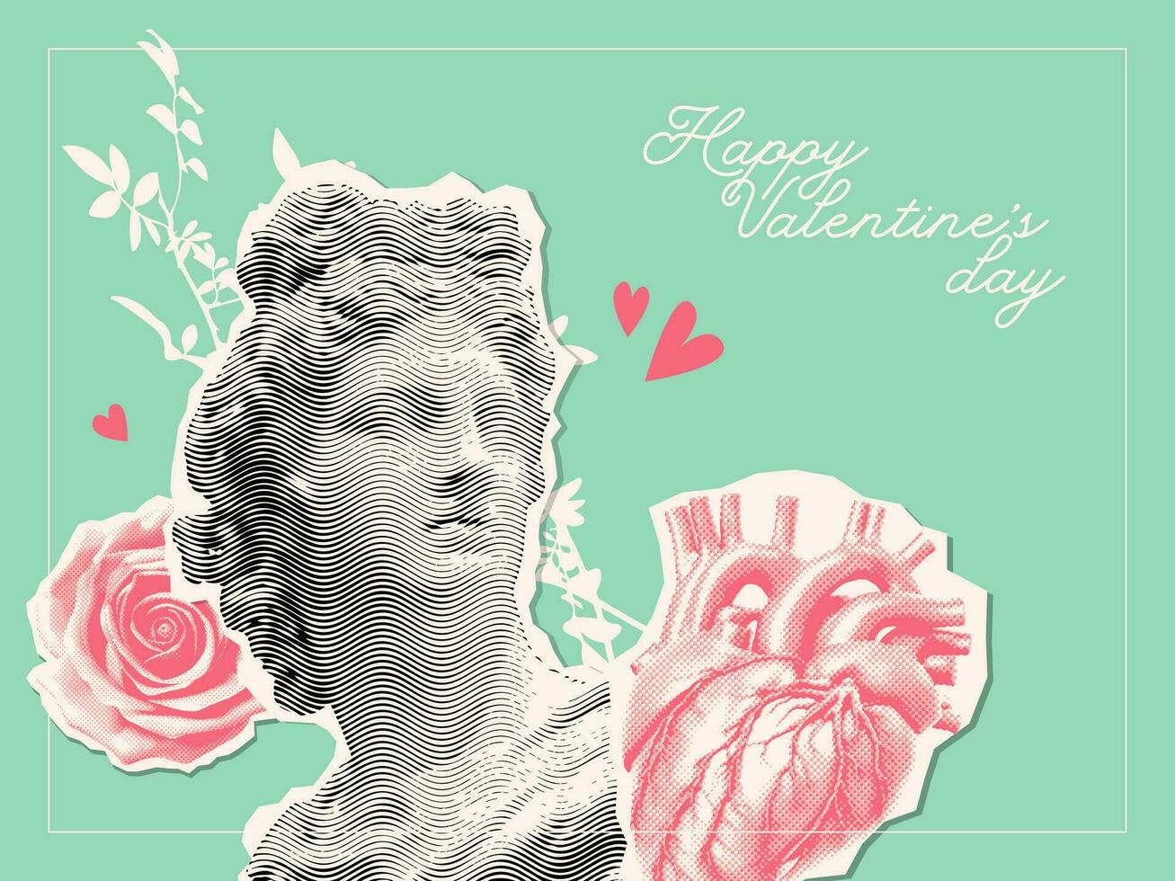 Happy Valentine's Day card in vintage paper collage style. Antique statue with halftone effect decorated by vector graphic elements of human heart and rose.