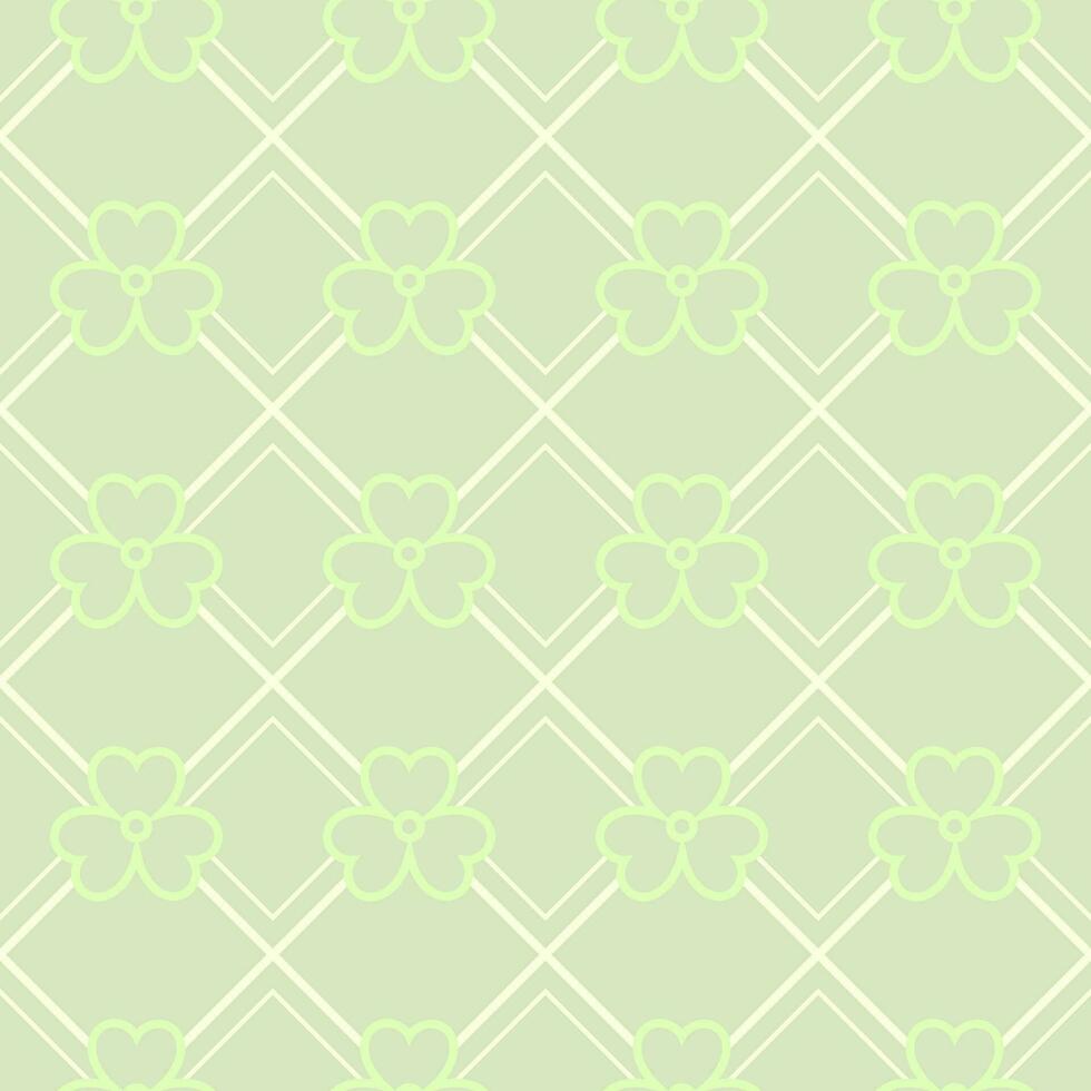 Geometric simple St Patricks day pattern with clover, shamrock leaves, squares, rhombuses. Pale, low contrast, light green background with thin lines, outline shapes. Classic square diagonal grid. vector