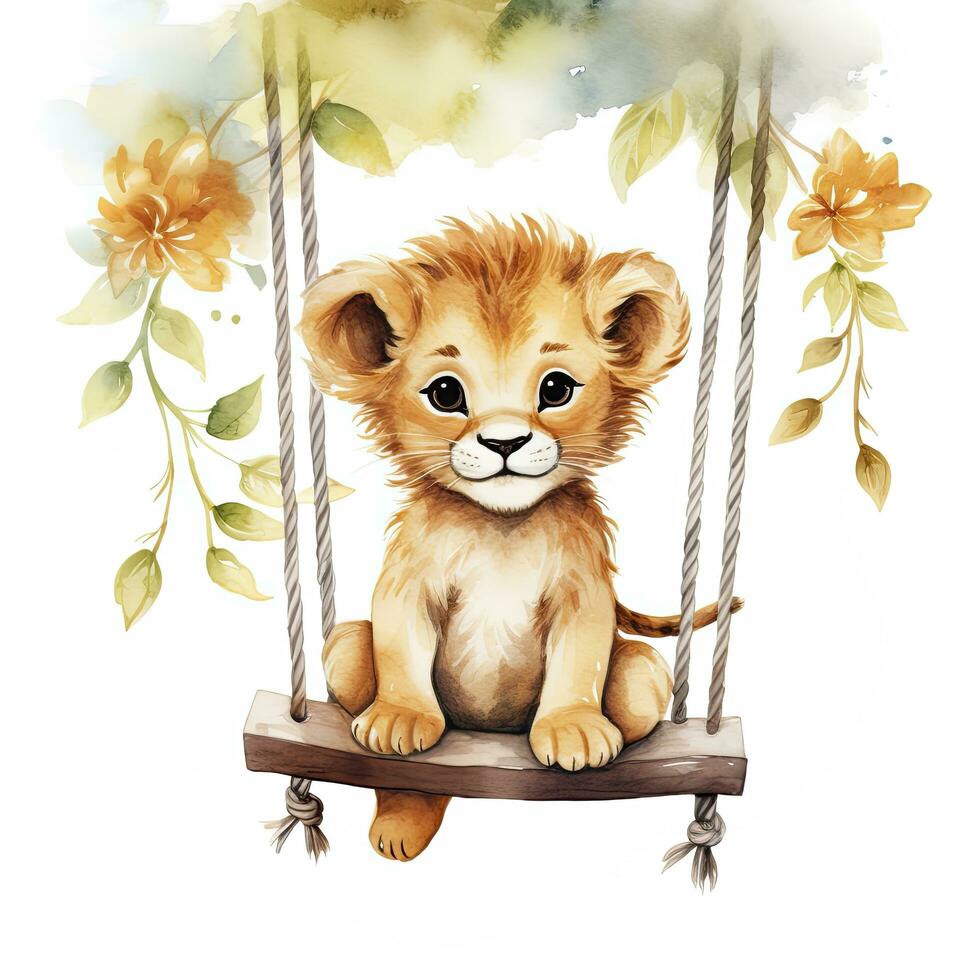 AI generated Cute happy baby lion on swings attached to the tree in watercolor style. AI Generated photo
