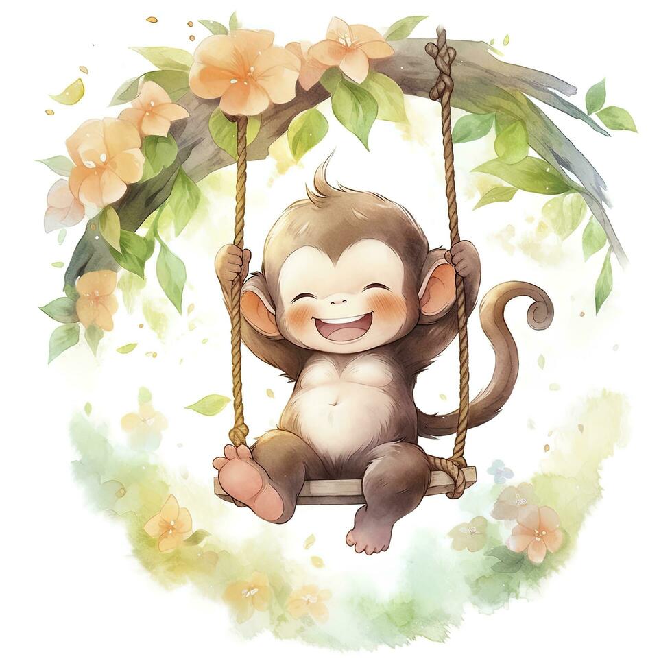 AI generated Cute happy baby monkey on swings on a tree in watercolor. AI Generated photo