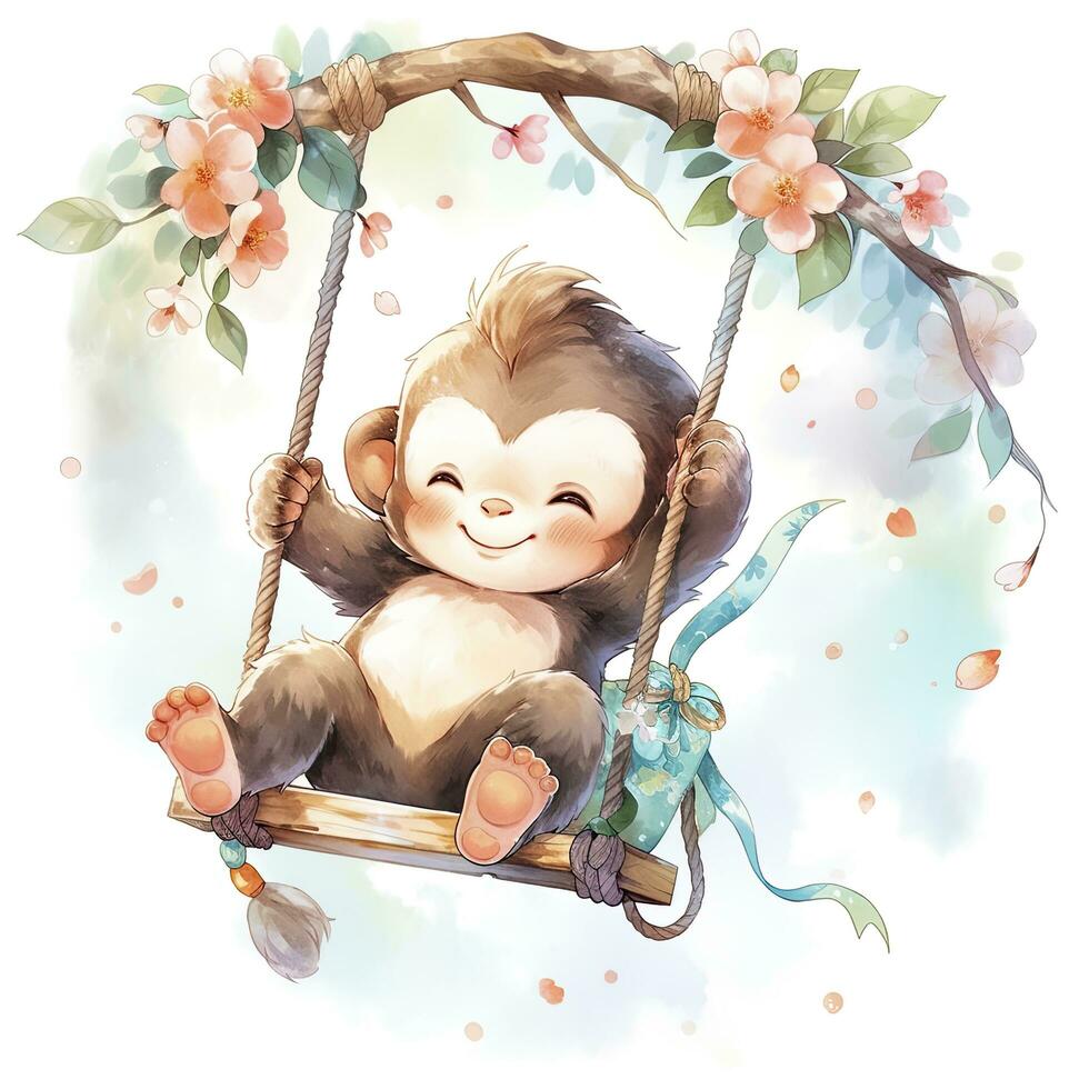 AI generated Cute happy baby monkey on swings on a tree in watercolor. AI Generated photo