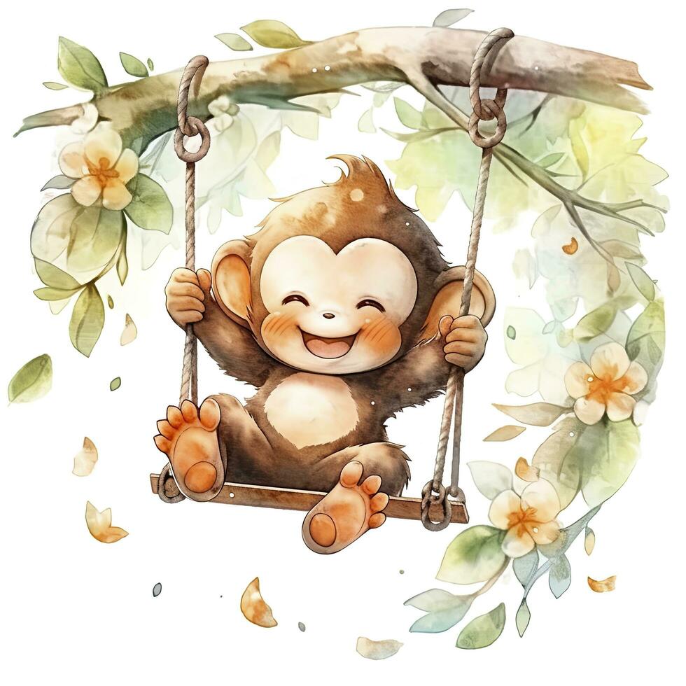 AI generated Cute happy baby monkey on swings on a tree in watercolor. AI Generated photo