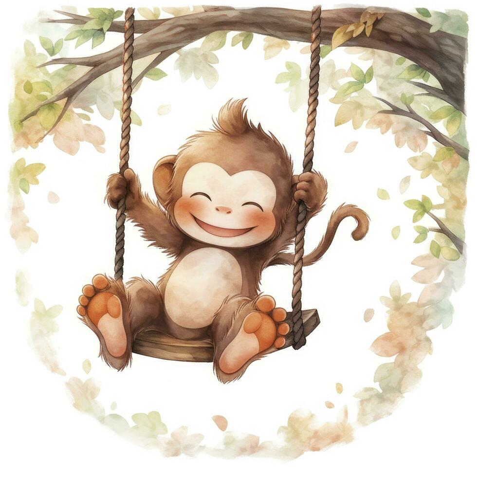 AI generated Cute happy baby monkey on swings on a tree in watercolor. AI Generated photo