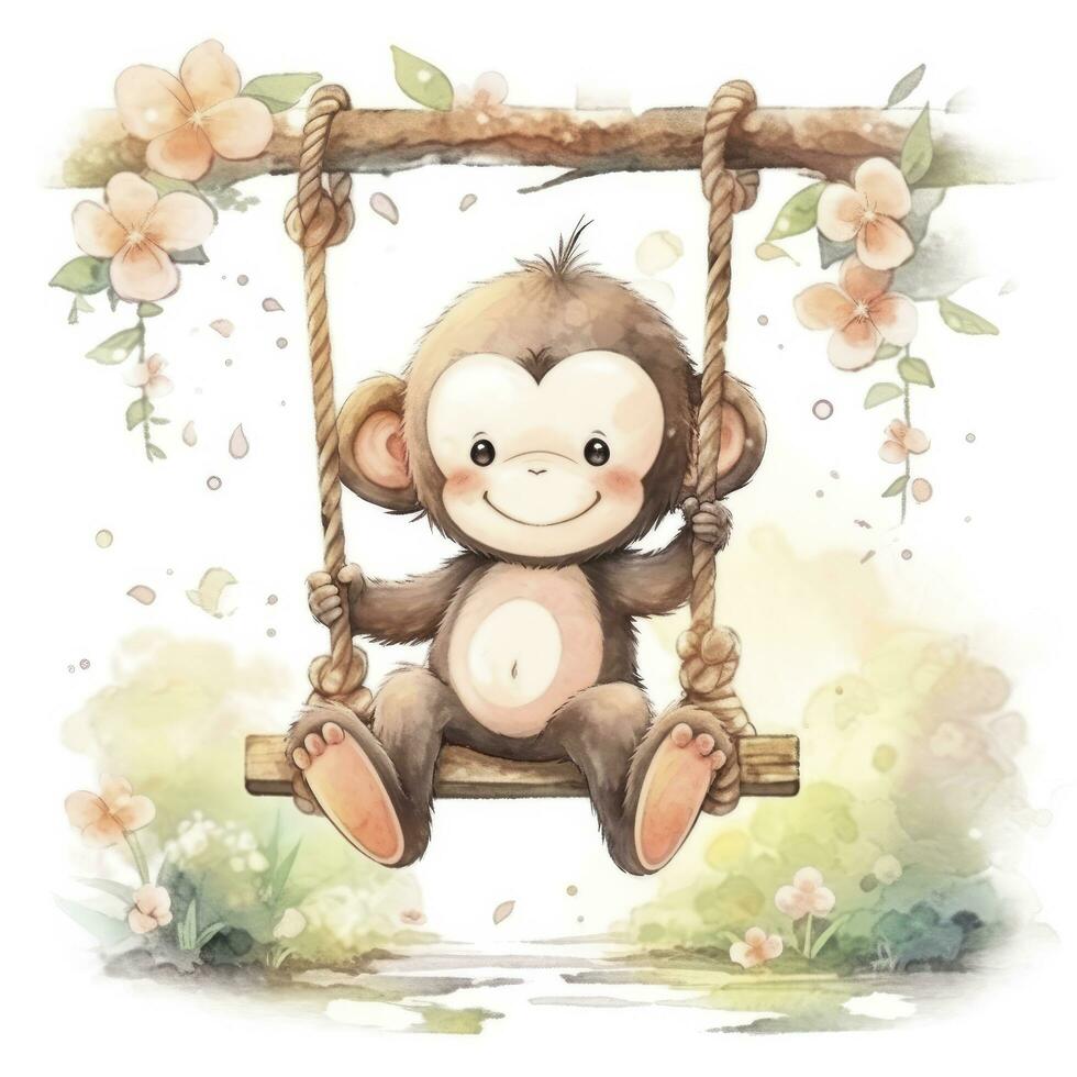 AI generated Cute happy baby monkey on swings on a tree in watercolor. AI Generated photo