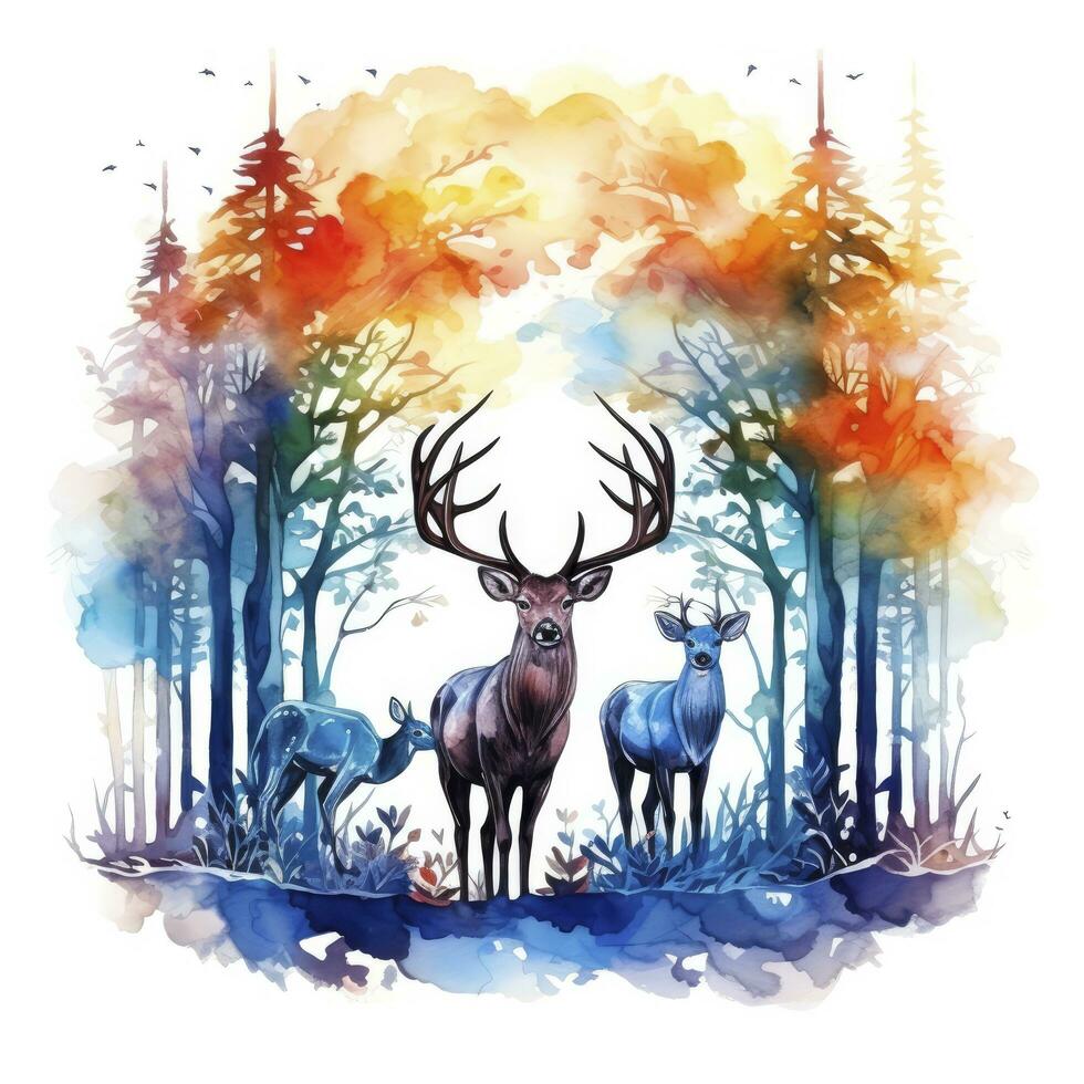 AI generated Colorful Deers in Forest. T-shirt design. AI Generated photo