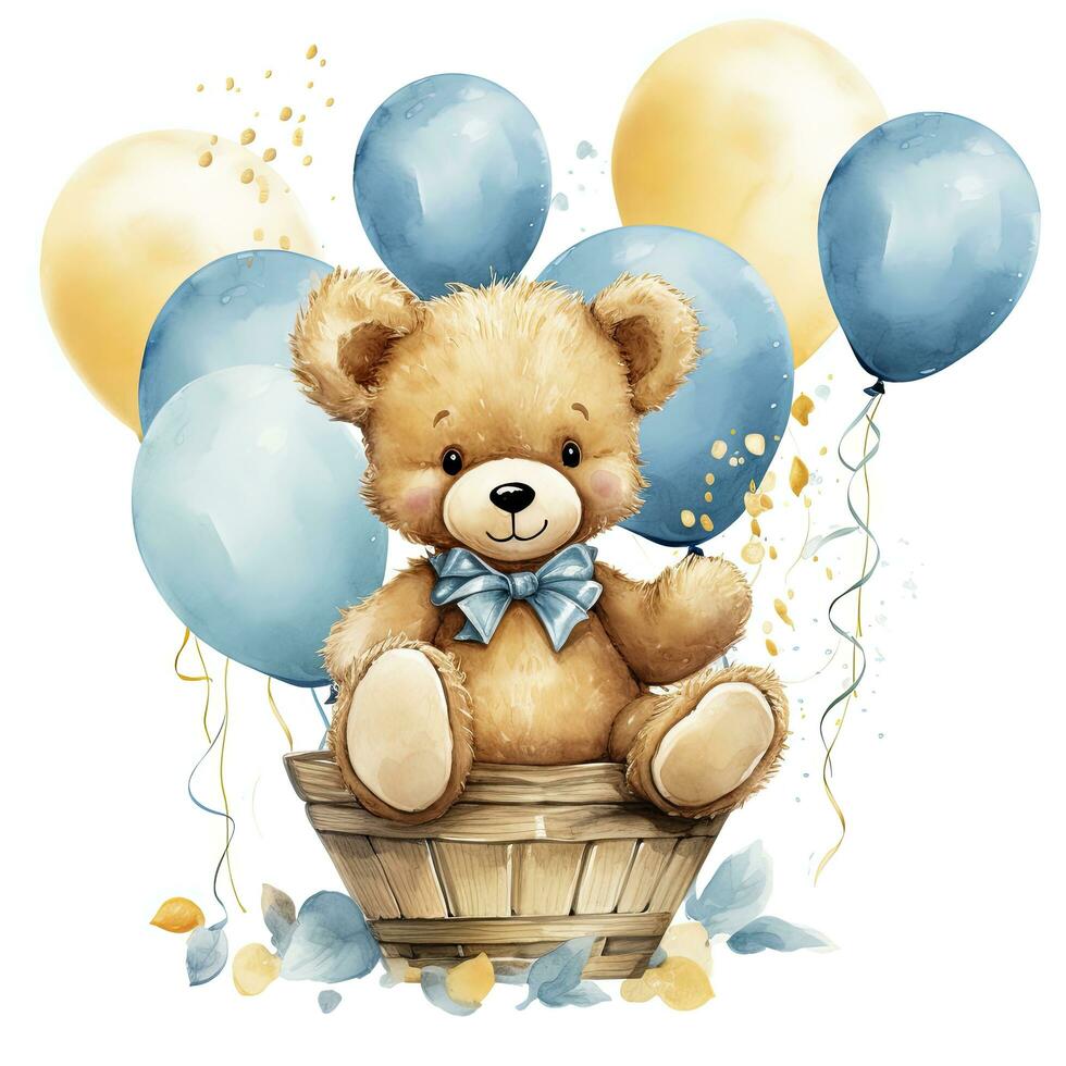 AI generated A watercolor baby teddy bear is sitting in the basket with blue and gold balloons. AI Generated photo