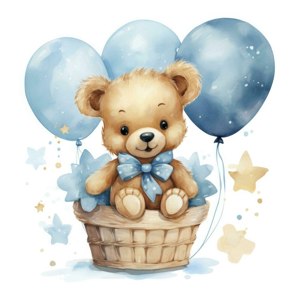 AI generated A watercolor baby teddy bear is sitting in the basket with blue and gold balloons. AI Generated photo