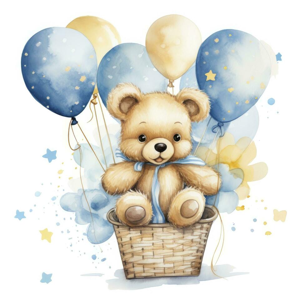 AI generated A watercolor baby teddy bear is sitting in the basket with blue and gold balloons. AI Generated photo