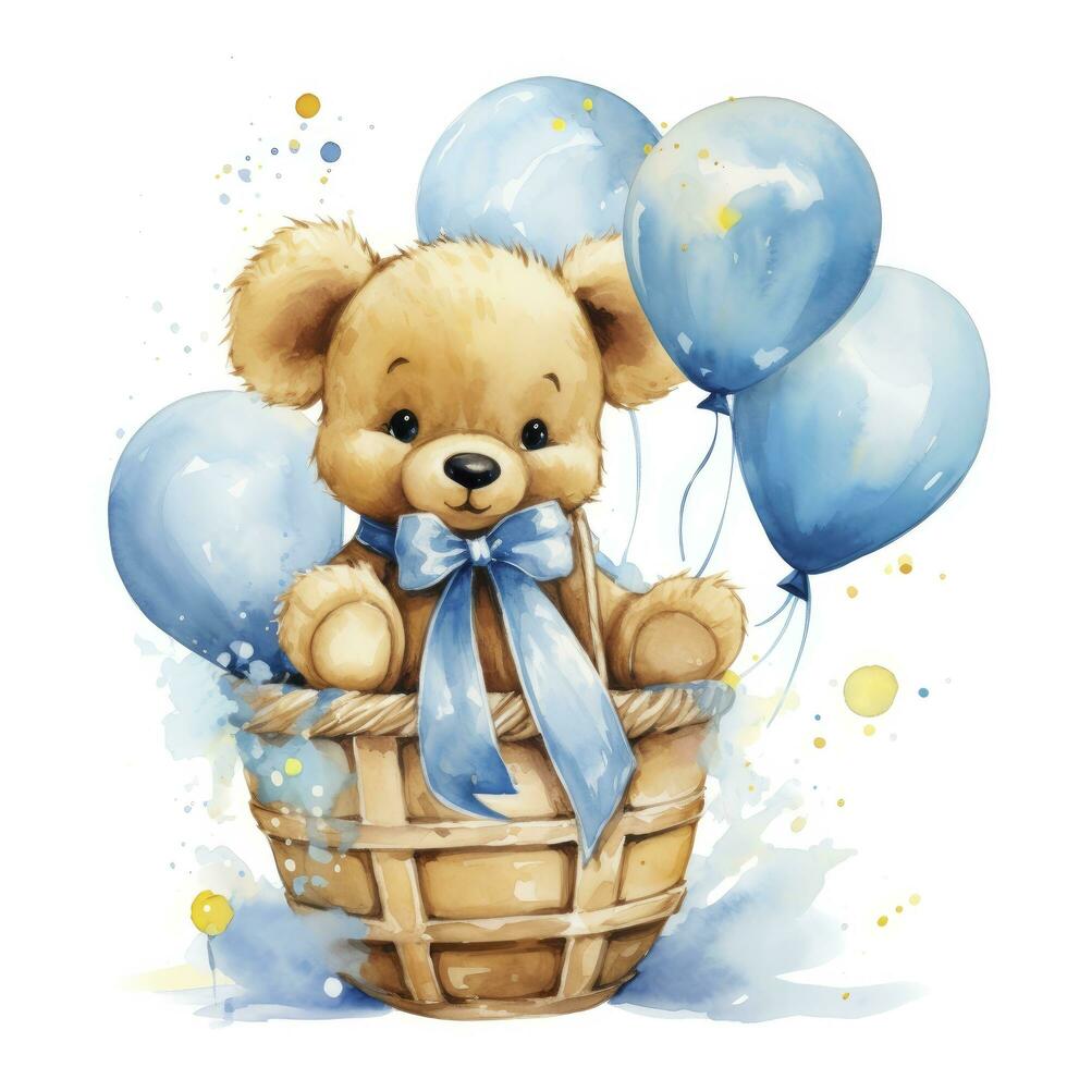 AI generated A watercolor baby teddy bear is sitting in the basket with blue and gold balloons. AI Generated photo