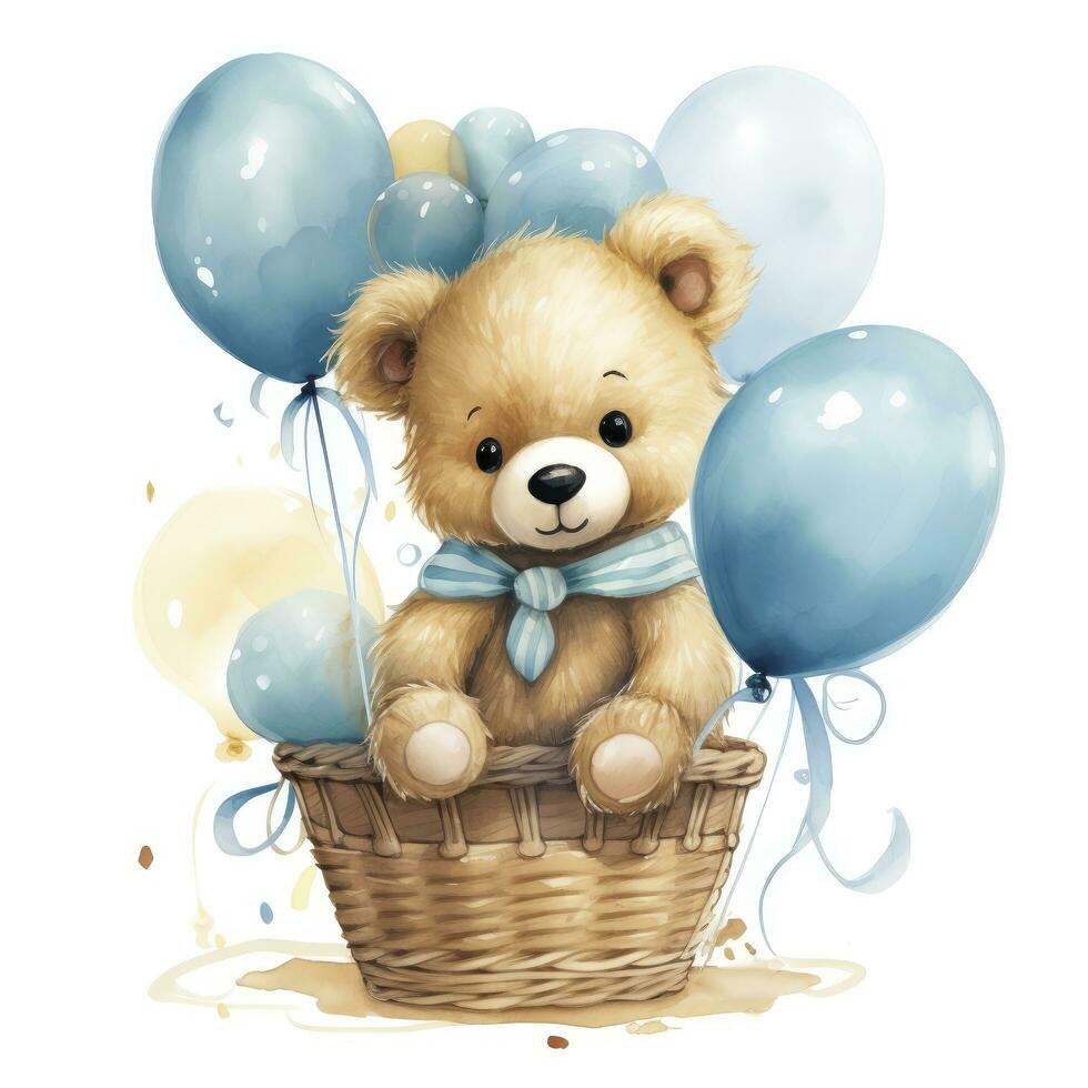 AI generated A watercolor baby teddy bear is sitting in the basket with blue and gold balloons. AI Generated photo