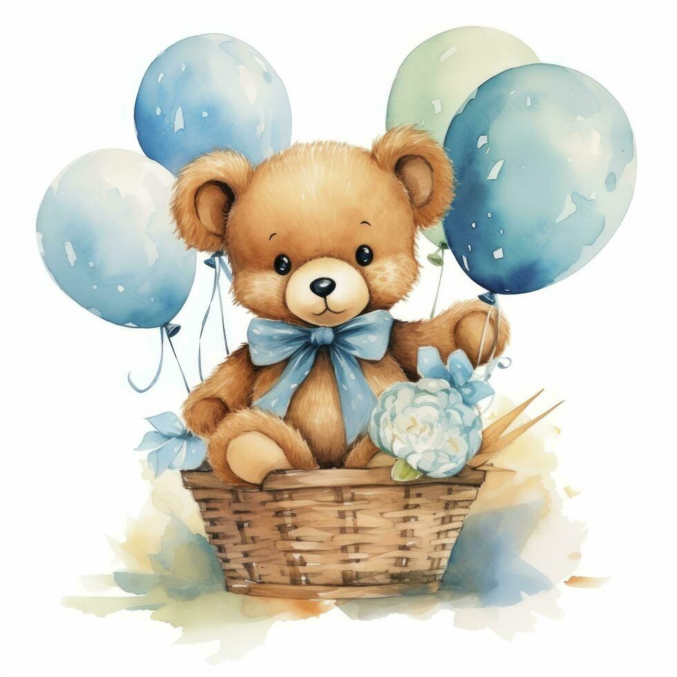 AI generated A watercolor baby teddy bear is sitting in the basket with blue and gold balloons. AI Generated photo