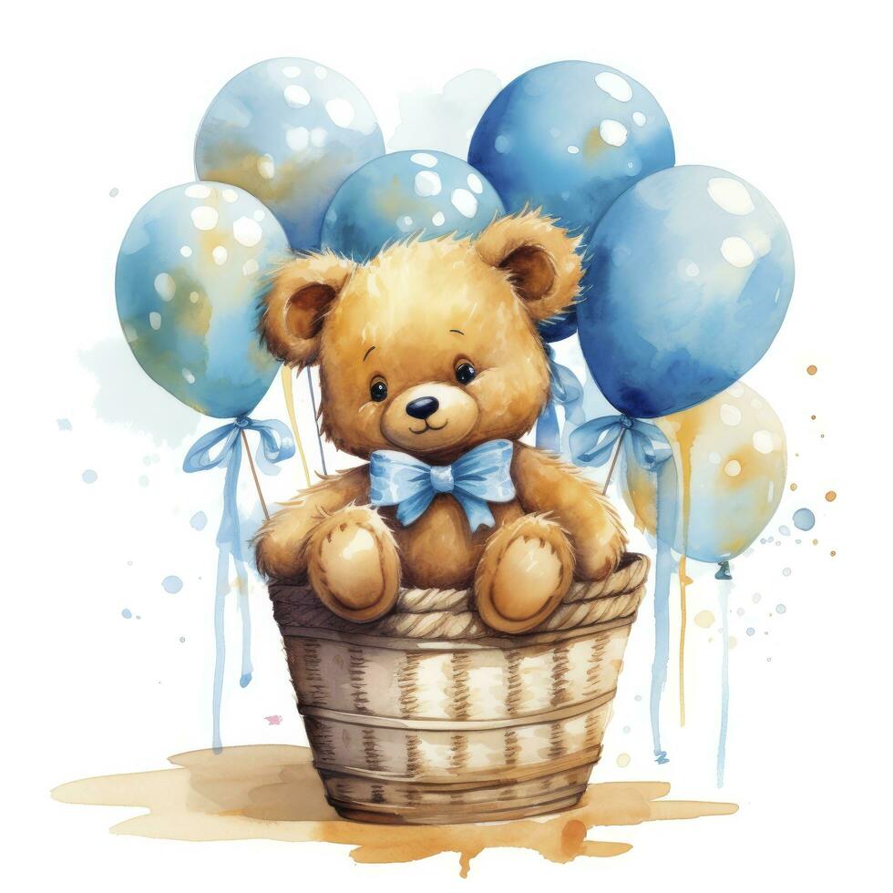 AI generated A watercolor baby teddy bear is sitting in the basket with blue and gold balloons. AI Generated photo