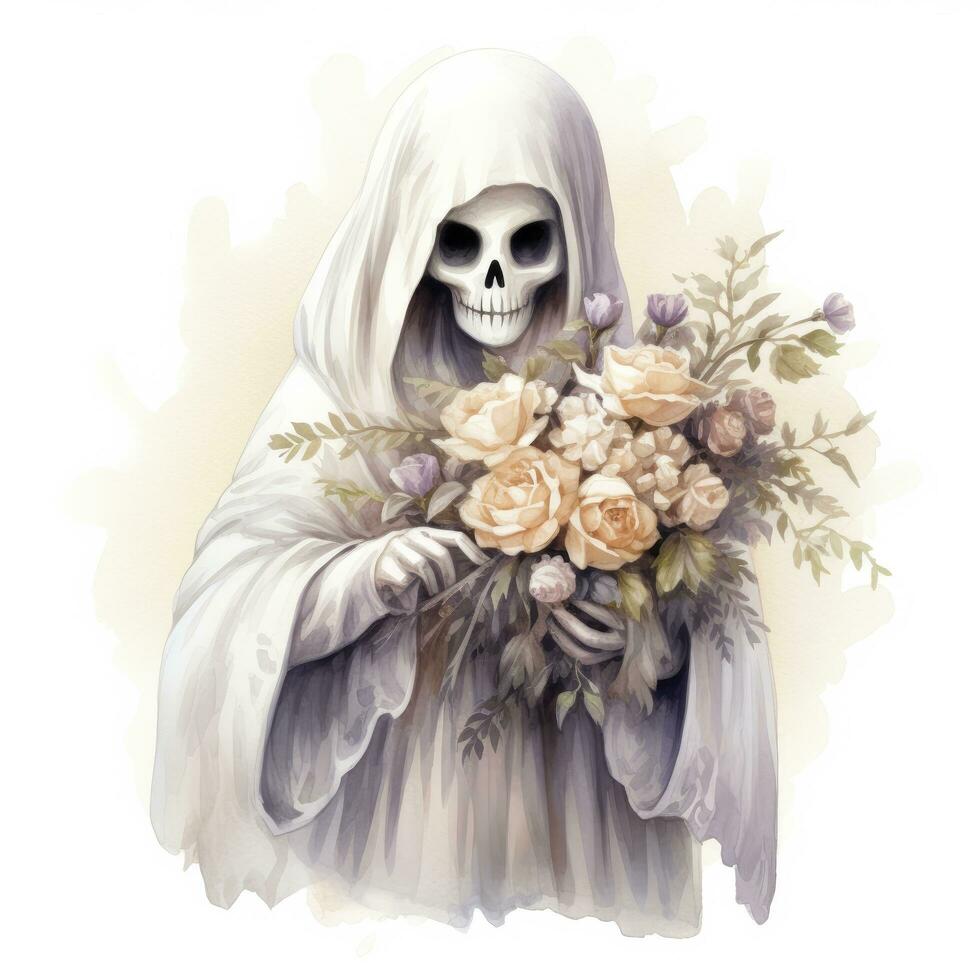 AI generated A stunning ghost holding flower bouquet and enjoying the festivities of Halloween,  AI Generated photo