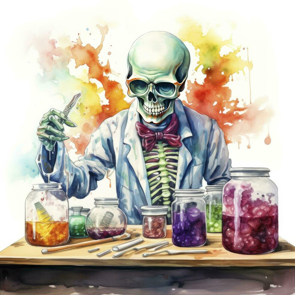 AI generated A student in a science classroom with lab equipment, watercolor. AI Generated photo