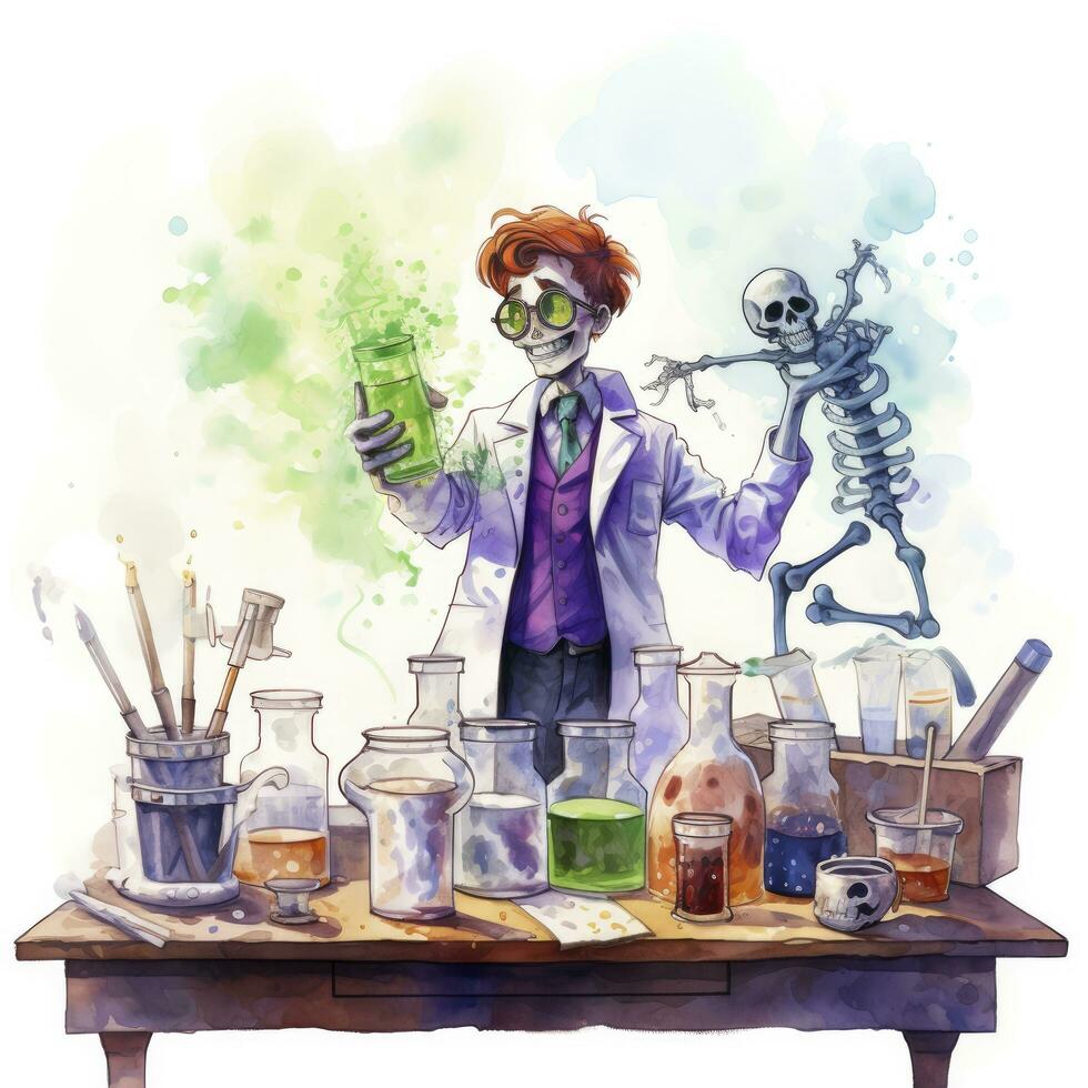 AI generated A student in a science classroom with lab equipment, watercolor. AI Generated photo