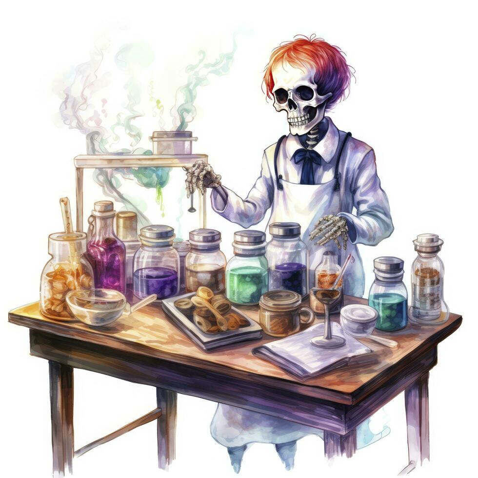 AI generated A student in a science classroom with lab equipment, watercolor. AI Generated photo