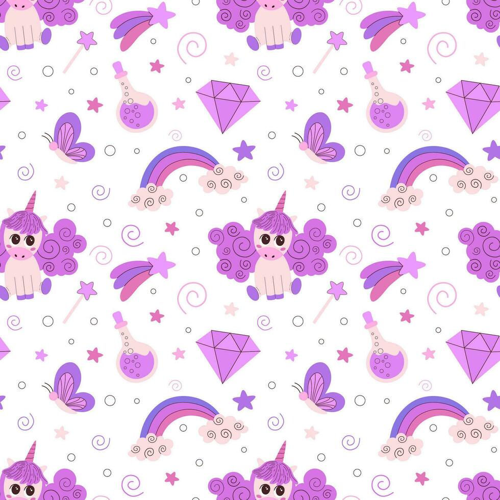 linda magia sin costura modelo en unicornios y hada cuento objetos, magia varita mágica, fantasía caracteres. fabuloso antecedentes para para niños textiles, fondos de pantalla, unicornios y linda nubes, el reino de Sueños. vector