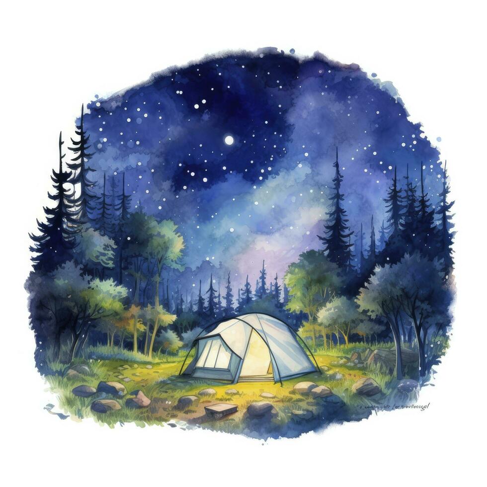 AI generated A Camping Tent in the forest with Night sky, watercolor for T-shirt Design. AI Generated photo