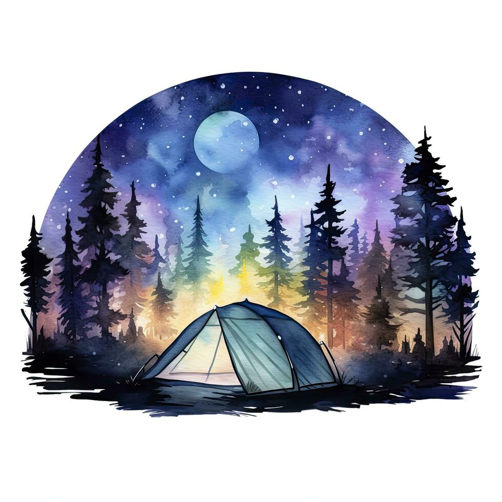 ai generado un cámping tienda en el bosque con noche cielo, acuarela para camiseta diseño. ai generado foto