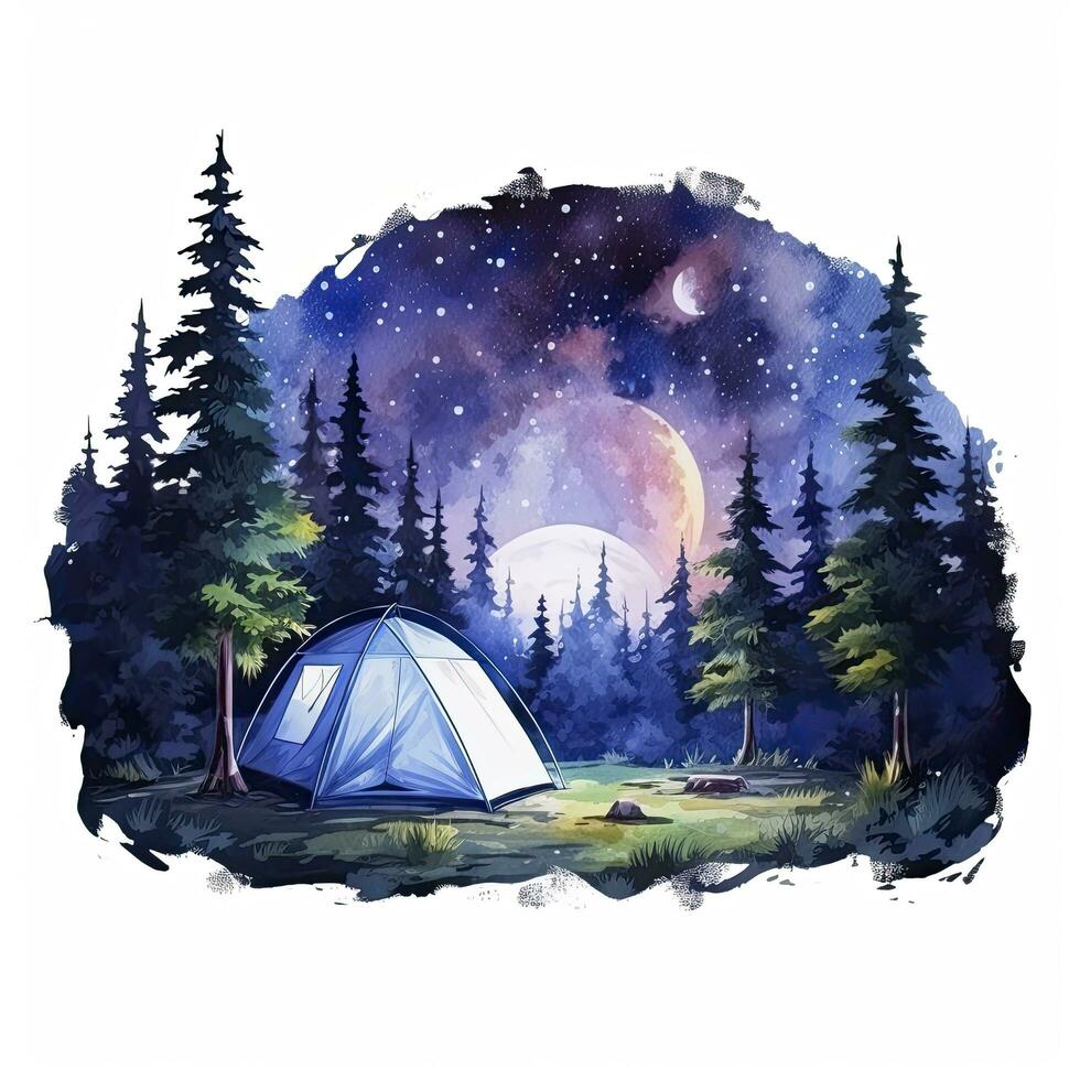 AI generated A Camping Tent in the forest with Night sky, watercolor for T-shirt Design. AI Generated photo