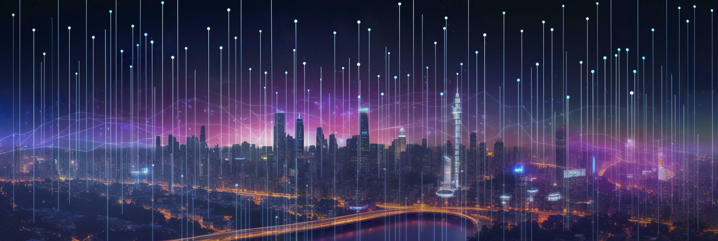 AI generated Smart city and abstract dot points connect with gradient lines and aesthetic Intricate wave line design, big data connection technology concept. AI Generated photo