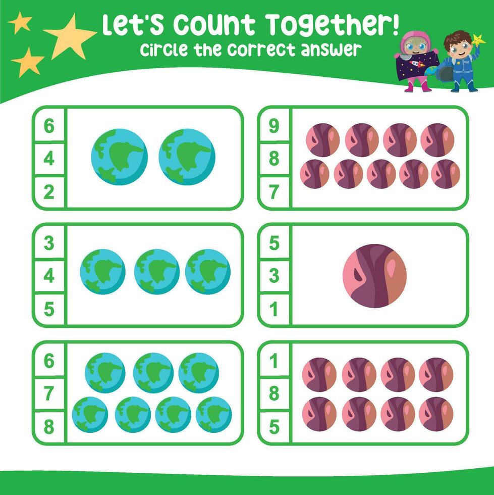 Lets count together. Circle the correct answer. Mathematic count and circle worksheet. vector