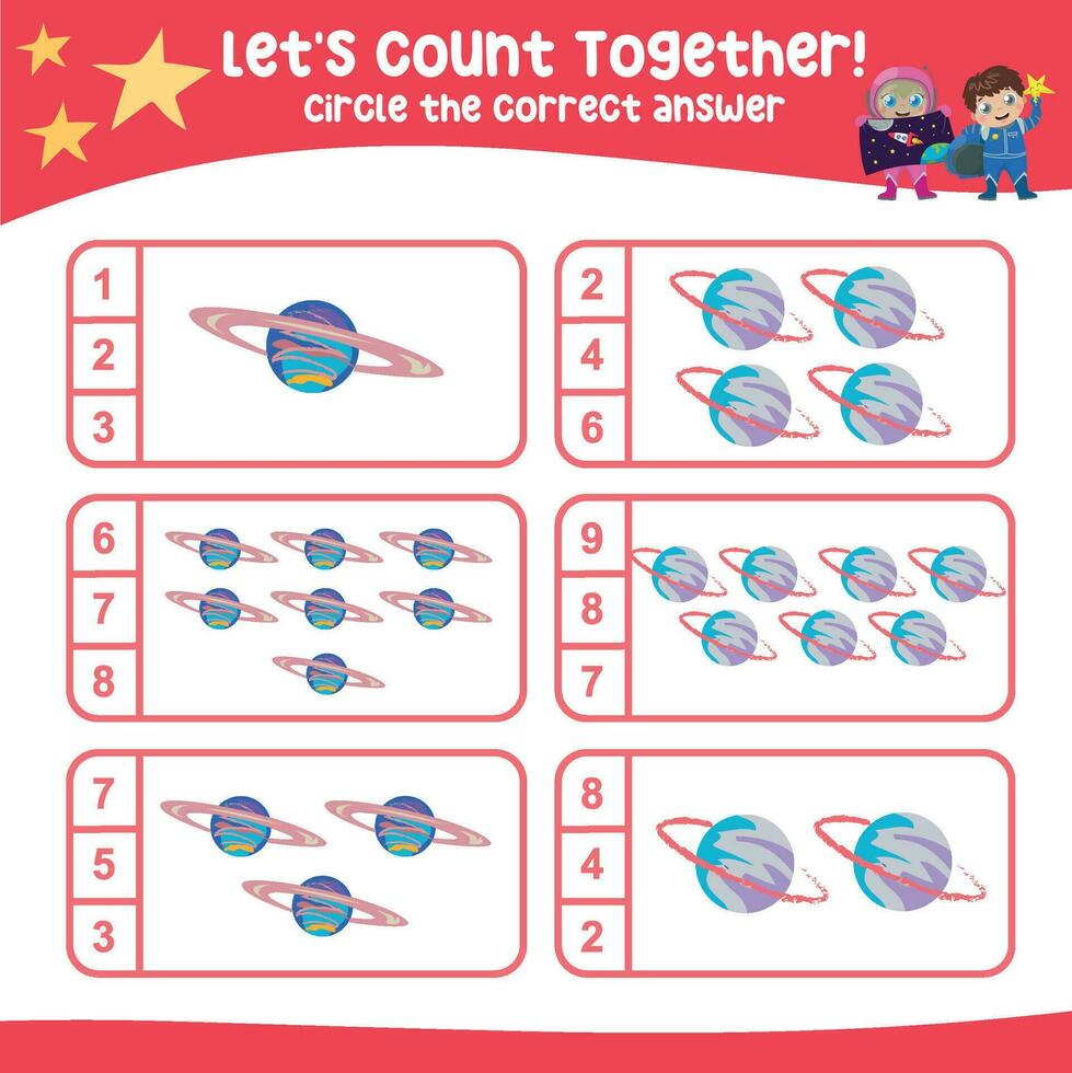 Lets count together. Circle the correct answer. Mathematic count and circle worksheet. vector
