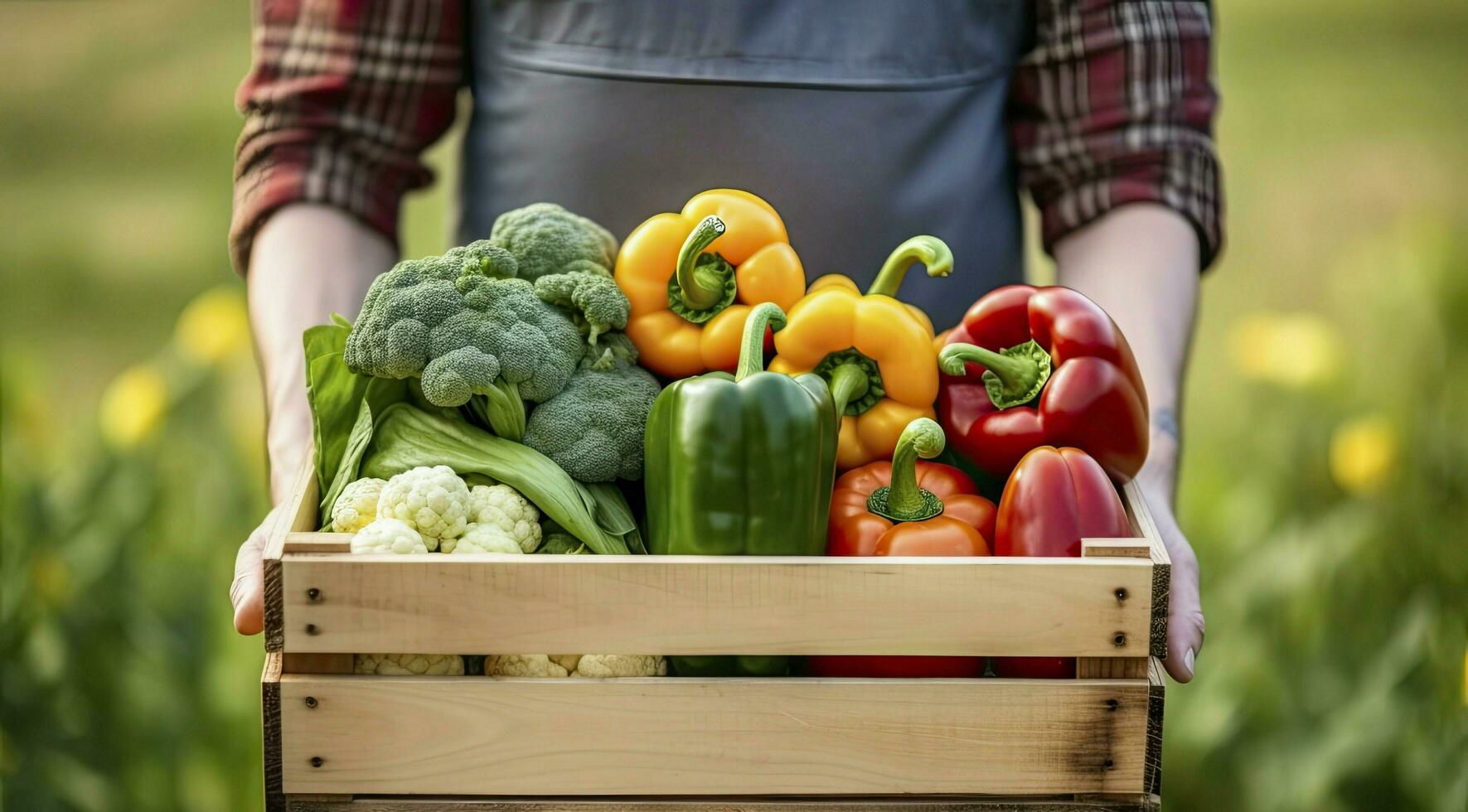 AI generated Farmer man holding wooden box full of fresh raw vegetables. AI Generated photo