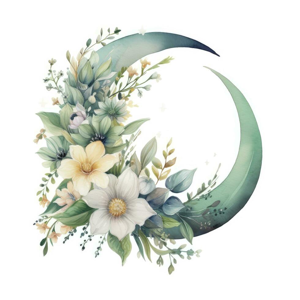 AI generated Watercolor floral Moon with greenery on a white background. AI Generated photo