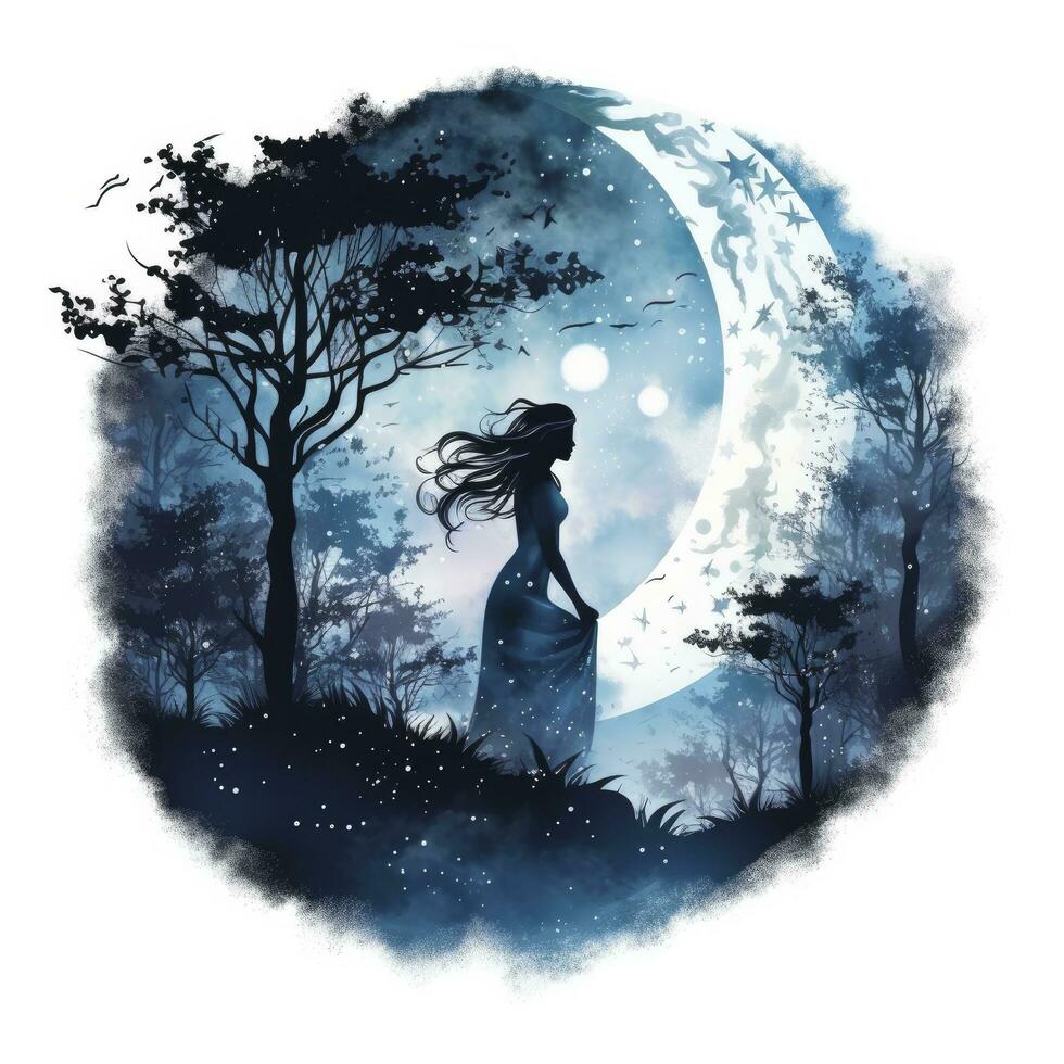 AI generated Forest moon silhouette with fairy shining in the night sky on a white background. AI Generated photo