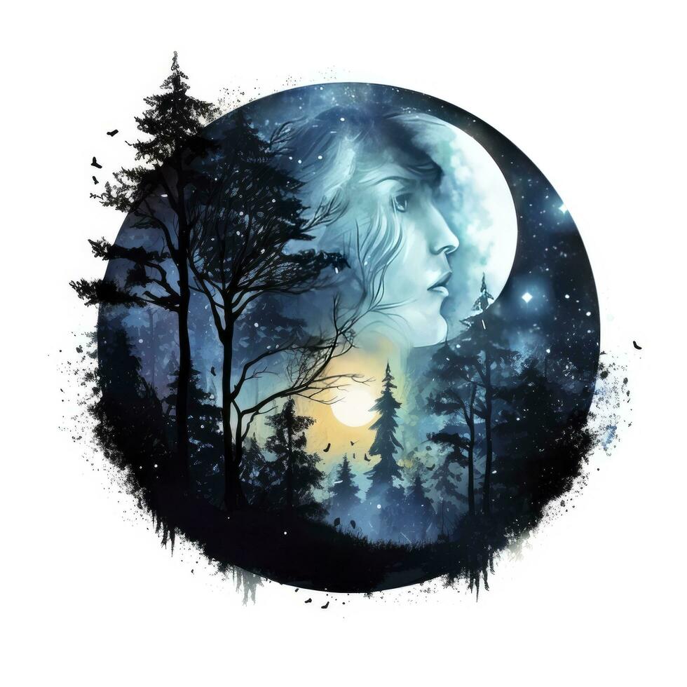 AI generated Forest moon silhouette with fairy shining in the night sky on a white background. AI Generated photo