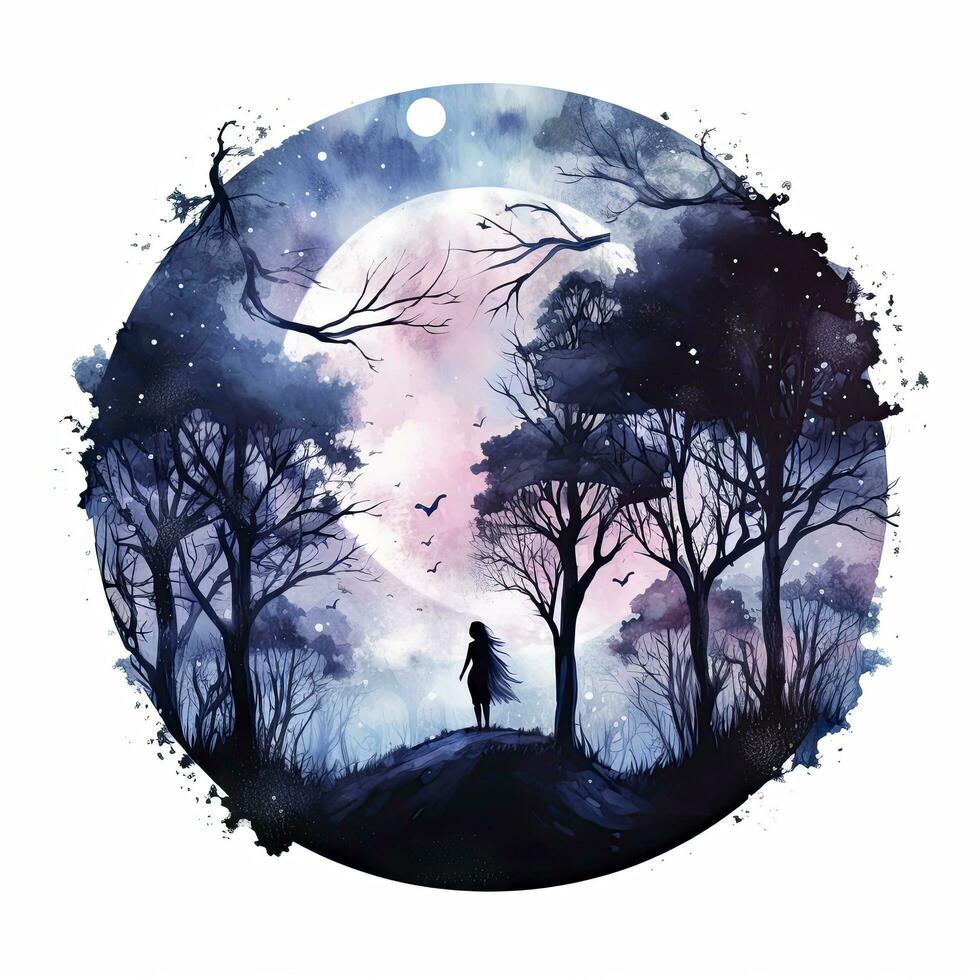 AI generated Forest moon silhouette with fairy shining in the night sky on a white background. AI Generated photo