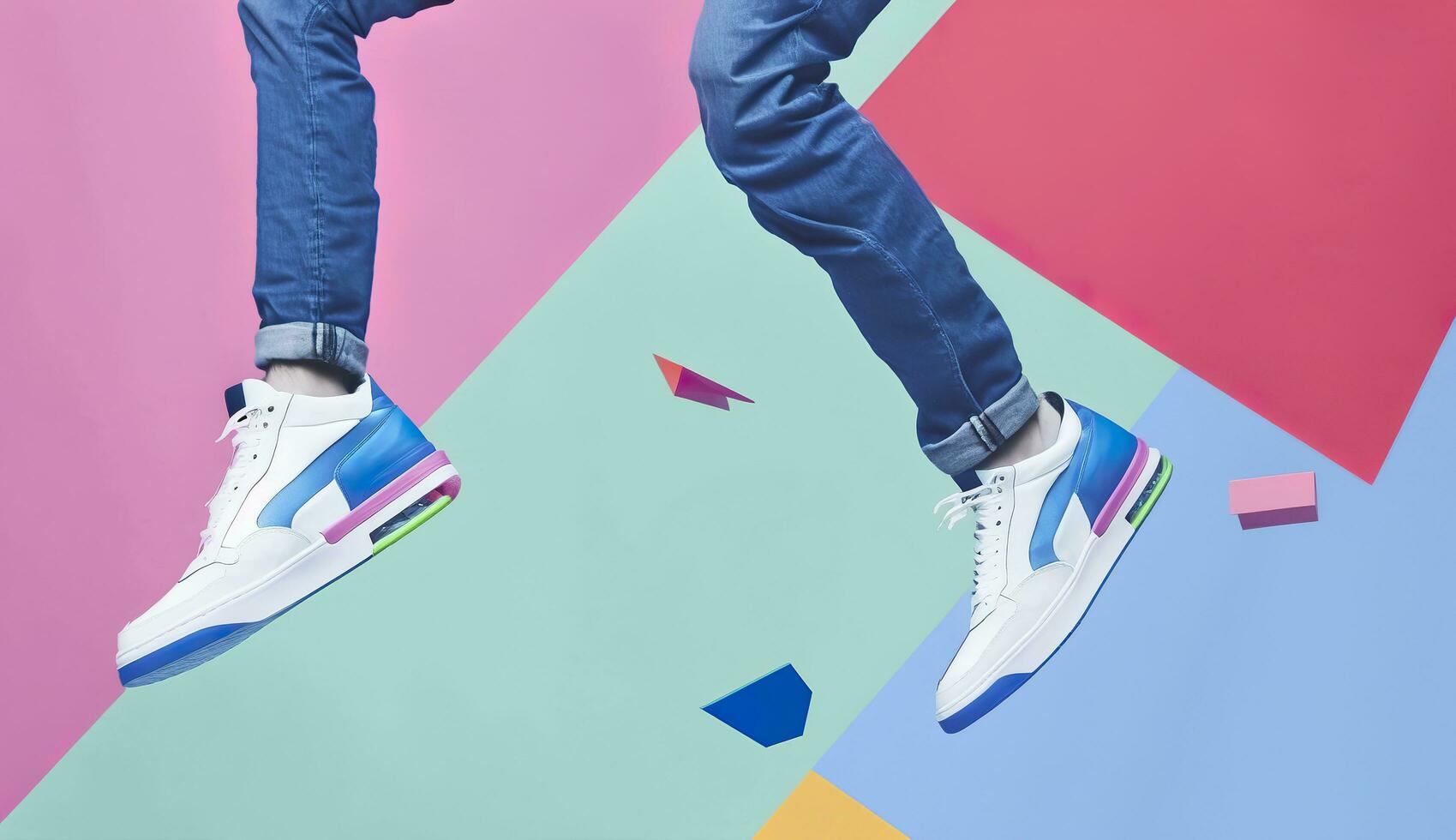 AI generated Flying trendy sneakers on creative colorful background, Stylish fashionable concept. photo