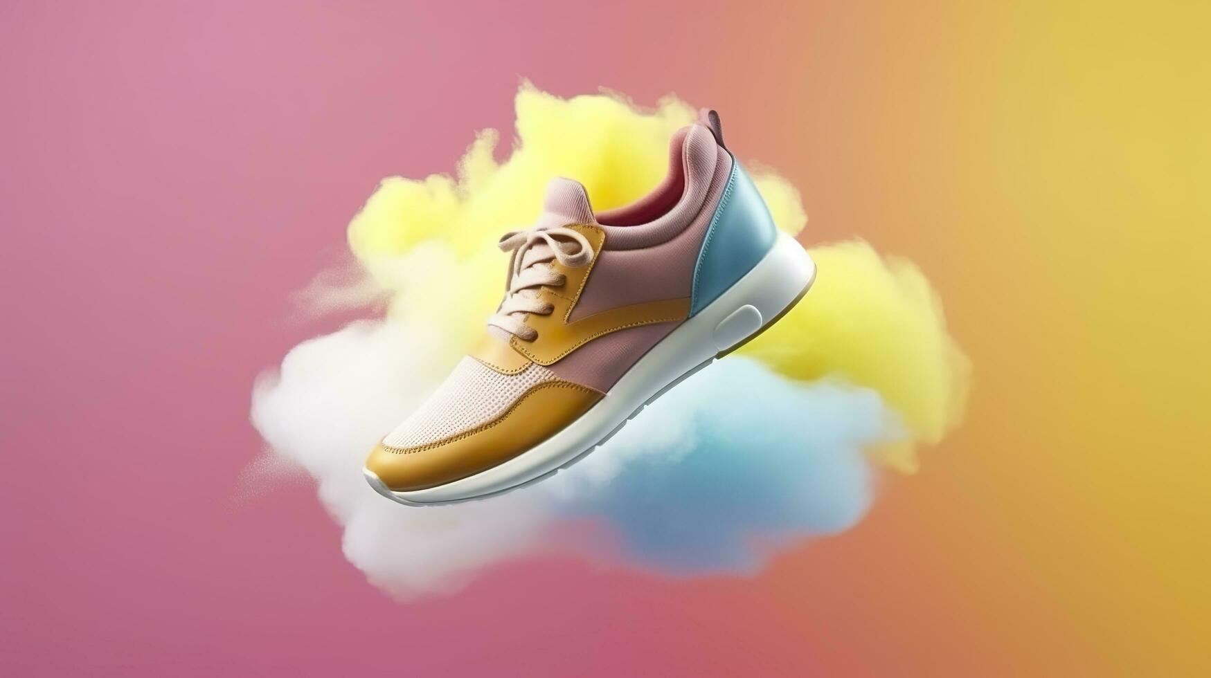 AI generated Flying trendy sneakers on creative colorful background, Stylish fashionable concept. photo