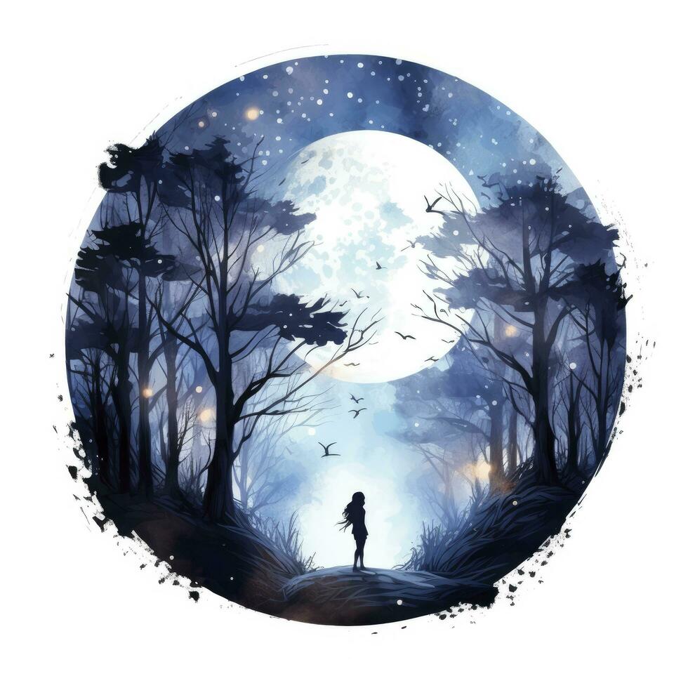 AI generated Forest moon silhouette with fairy shining in the night sky on a white background. AI Generated photo