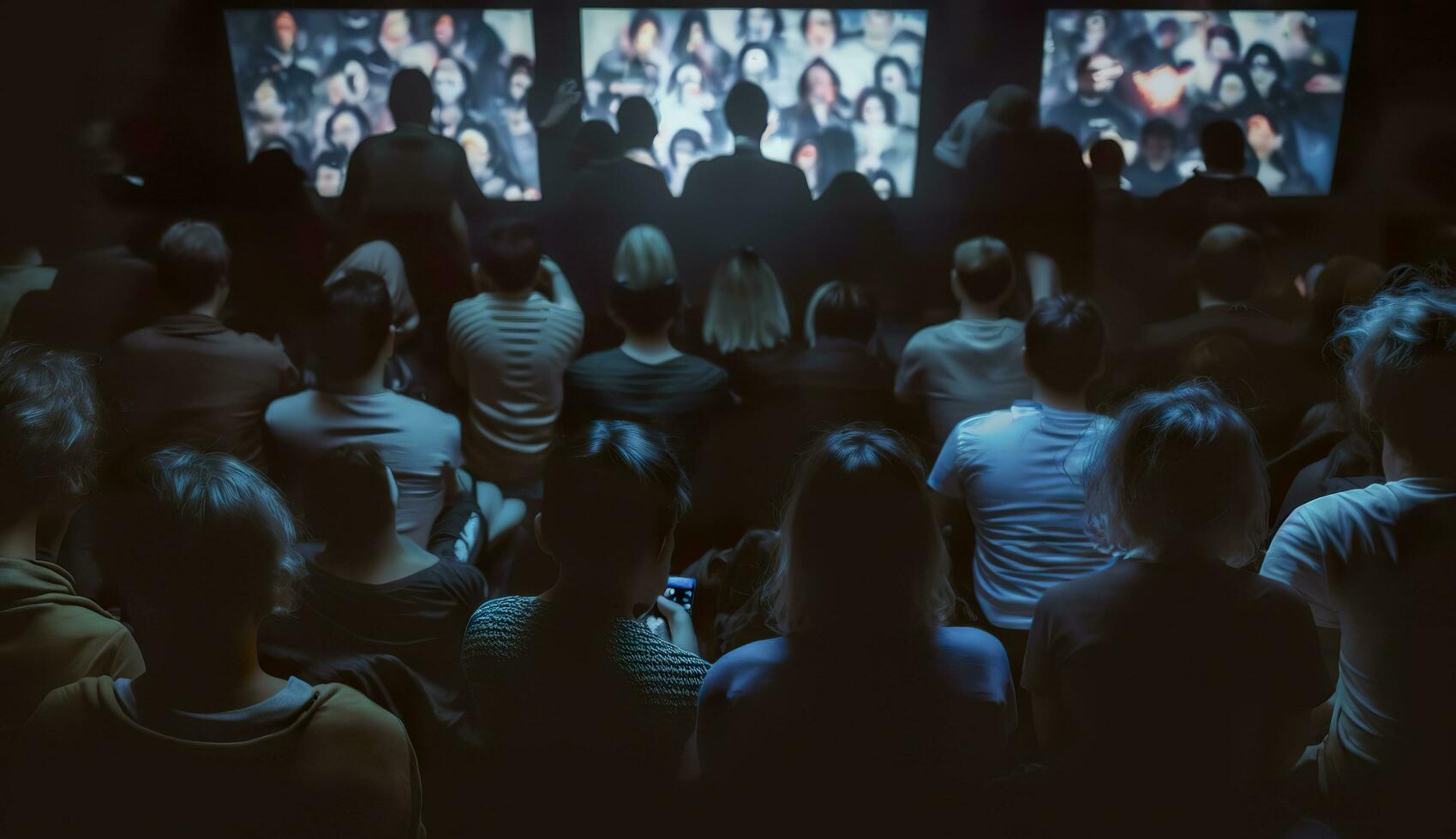 AI generated People crowd watching TV. TV addiction, propaganda and fake news concept. Generative AI photo