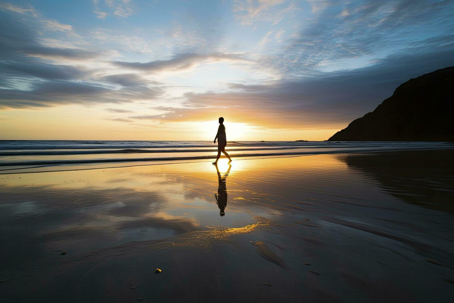 AI generated A person walking on the beach at sunset. AI Generated. photo