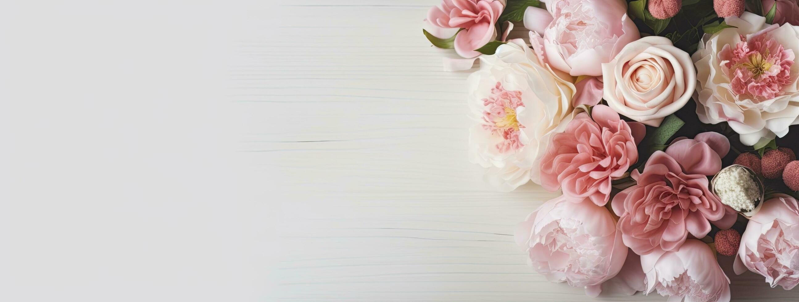 AI generated Fresh bunch of pink peonies and roses with copy space. AI Generated photo