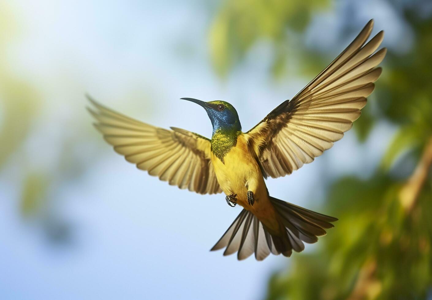 ai generado aceituna Respaldados pájaro sol, amarillo vientre Sunbird volador en el brillante cielo. generativo ai foto