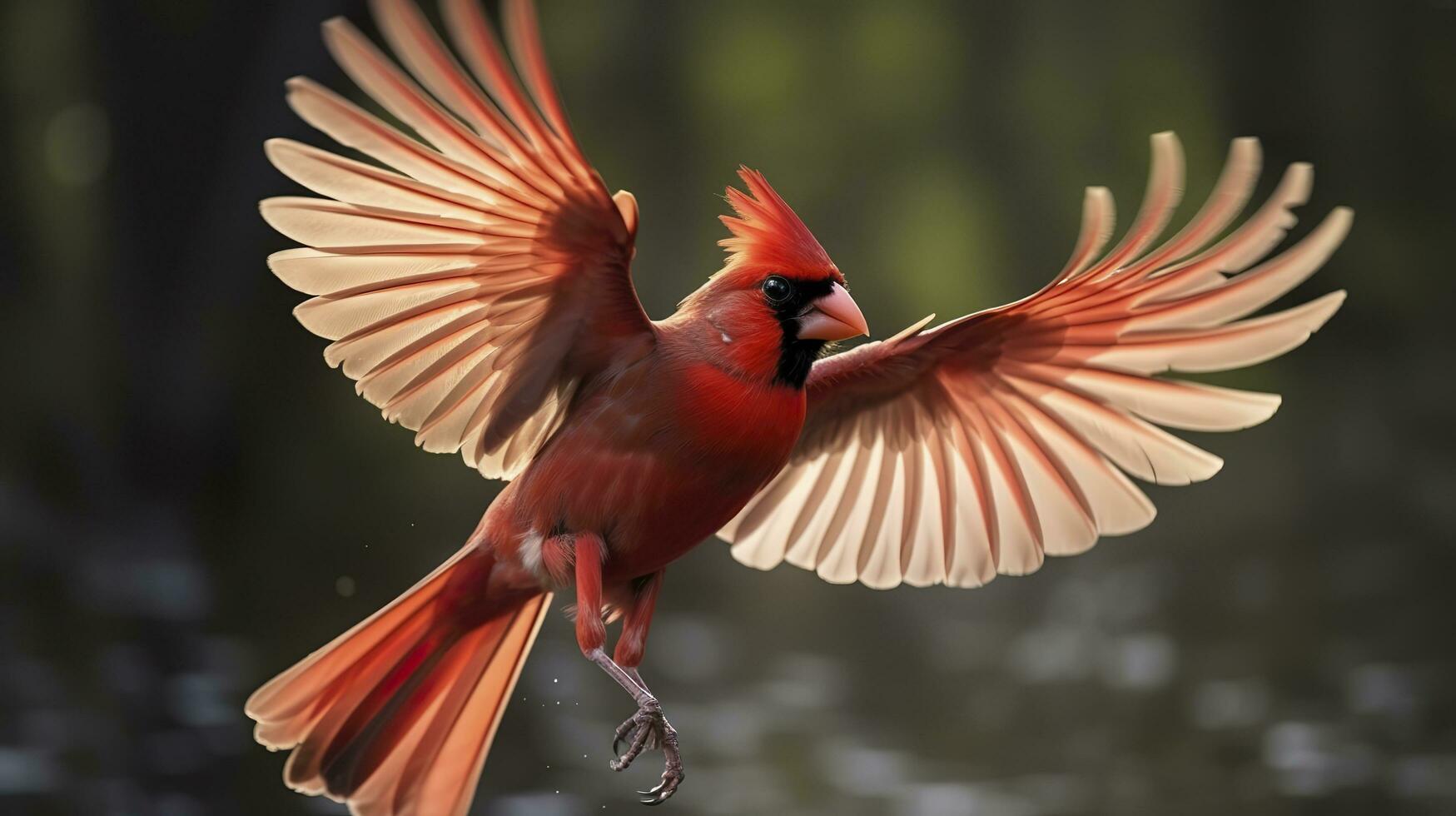 AI generated Northern Cardinal coming in for a landing. Generative AI photo