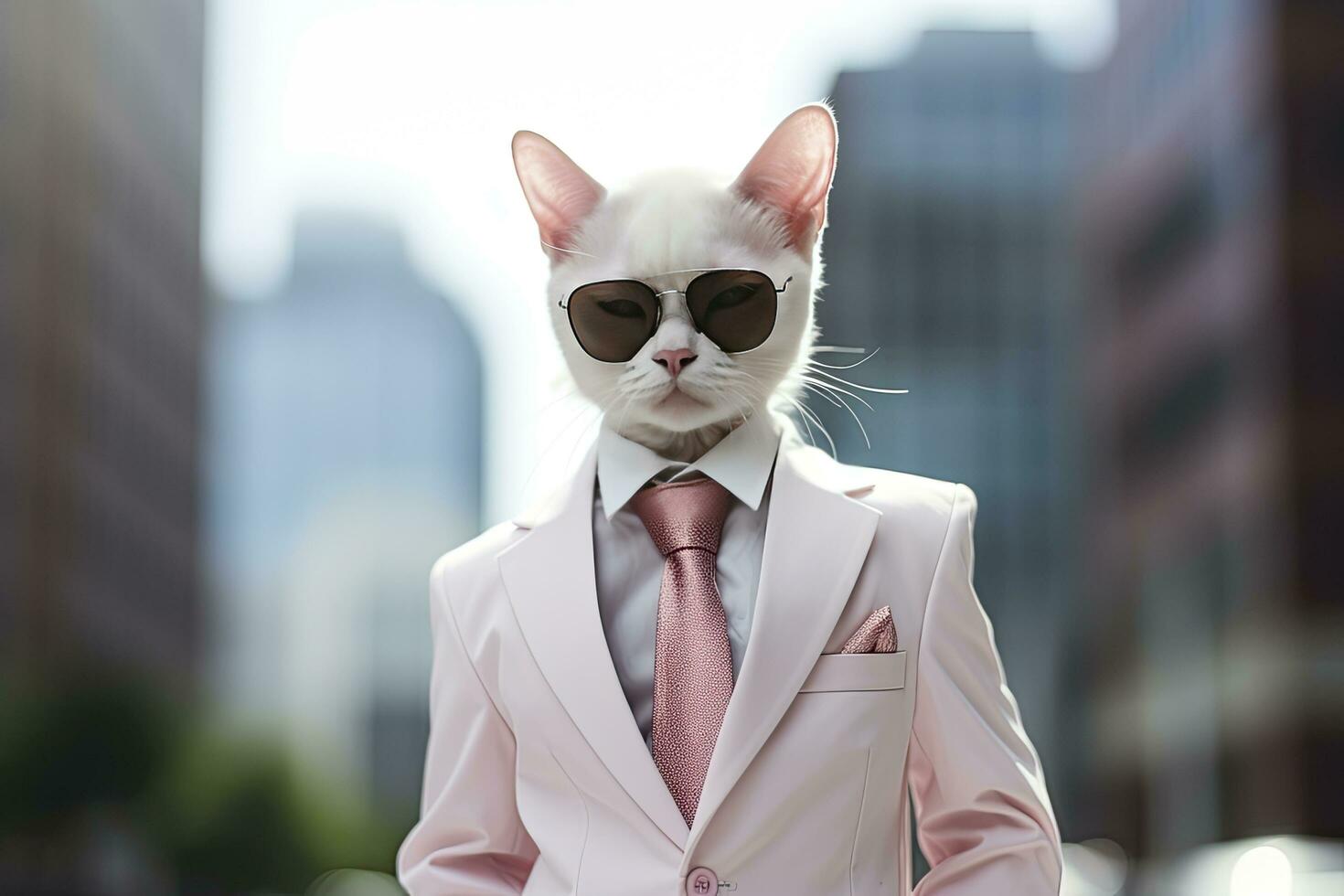 AI generated A cat is wearing sunglasses, suit and standing on street. AI Generated photo