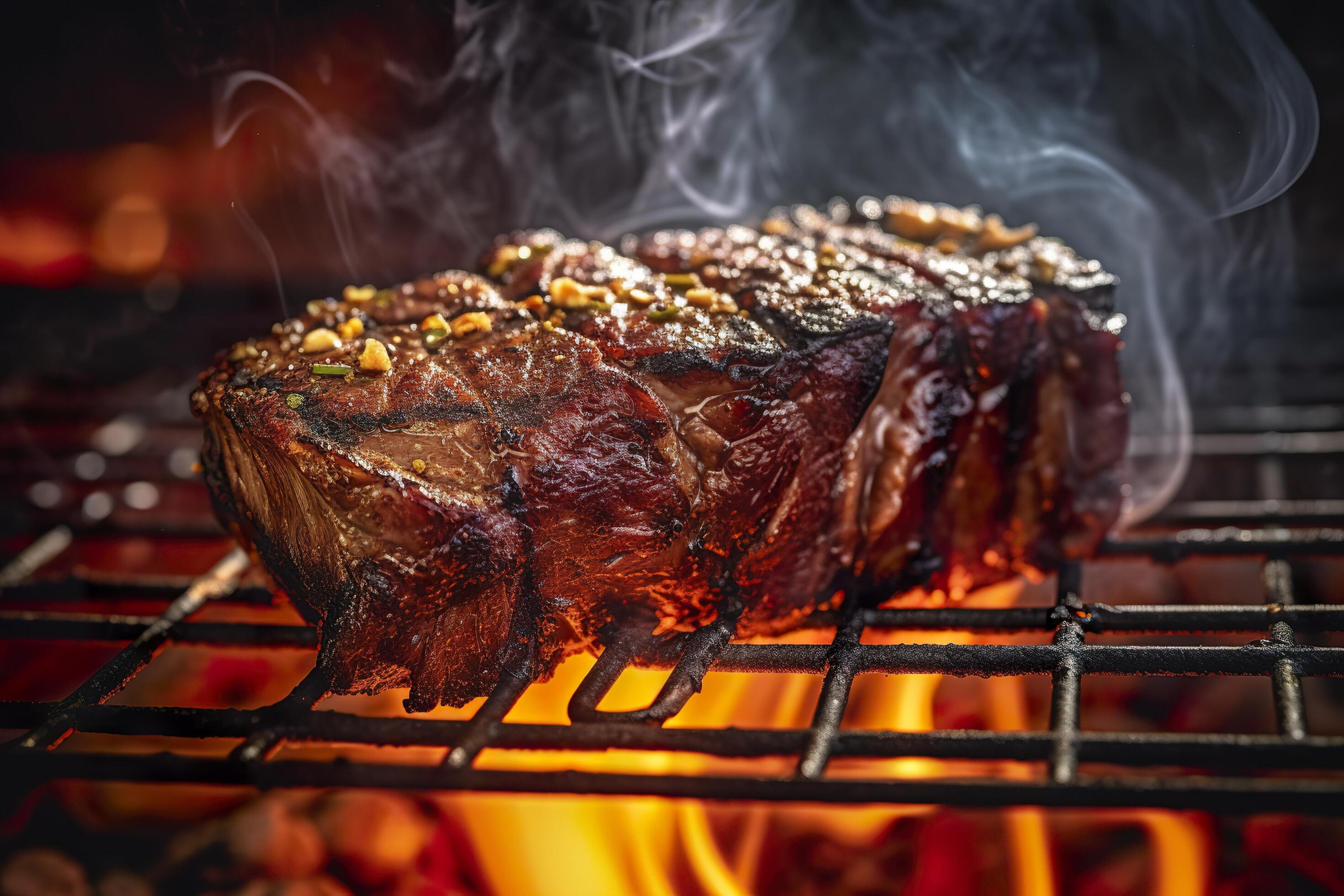 AI generated Meat grilling on a charcoal grill with smoke rising. AI