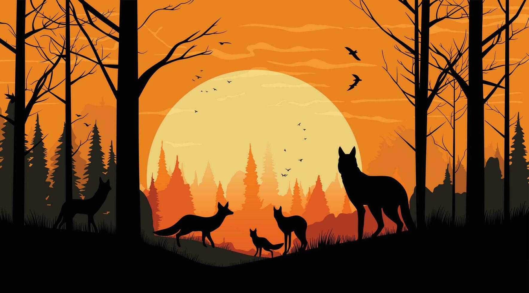 A group of wolves silhouette gathers in a forest at twilight vector