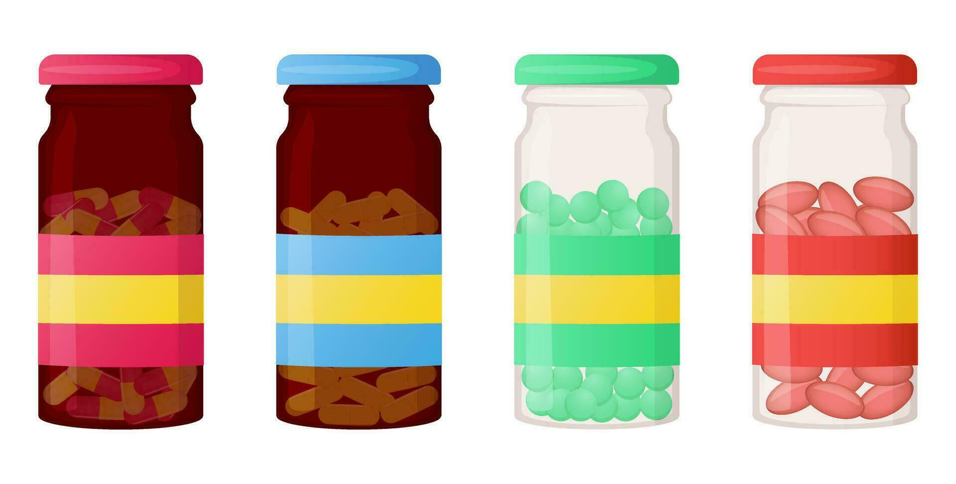 Different medicines in glass bottle vector