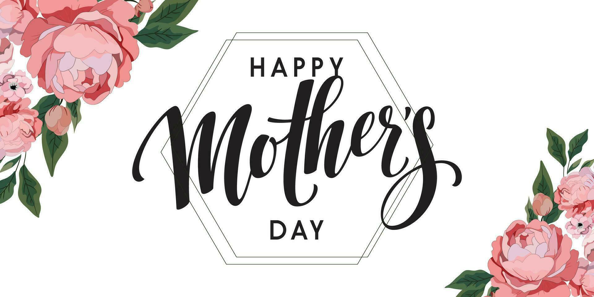 Happy Mothers Day elegant lettering banner pink. Calligraphy vector text and heart in frame background for Mother's Day. Best mom ever greeting card